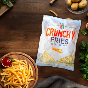 Crunchy fries extra crispy frozen potato fries in bag, served with ketchup, iPlantBased UAE