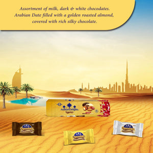 Arabian Delights Assorted Chocodate, Classic Chocolate Coated Bite-Sized Snacks, Stuffed w/ Golden Roasted Almonds, Dates | Snacks & Sweets Pouch - 150g