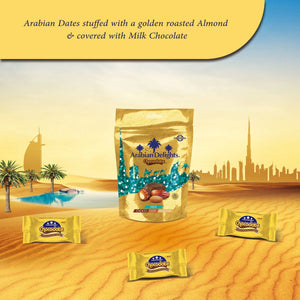 Arabian Delights Milk Chocodate, Classic Chocolate Coated Bite-Sized Snacks, Stuffed w/ Golden Roasted Almonds, Dates | Snacks & Sweets Pouch - 230g