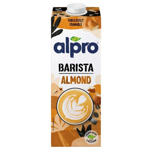 Alpro Barista Almond plant-based milk carton with latte art, vegan, calcium, UAE food store