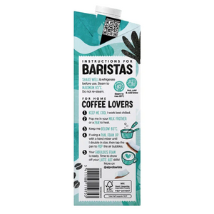 Alpro Barista plant-based milk carton back with barista instructions, milk frother, and latte art, iPlantBased UAE.