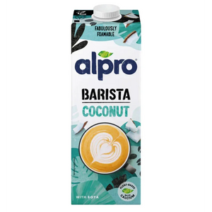 Alpro Barista Coconut plant-based milk carton with latte art, available at iPlantBased UAE