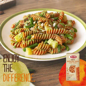 Barilla red lentil fusilli pasta with vegetables on plate, iPlantBased vegan food in UAE