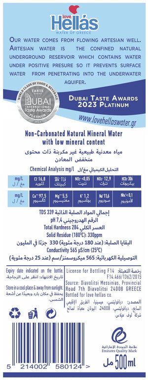 Love Hellas Premium Greek Natural Mineral Still Water - Pack of 24 PET bottle 500ml Burj Al Arab