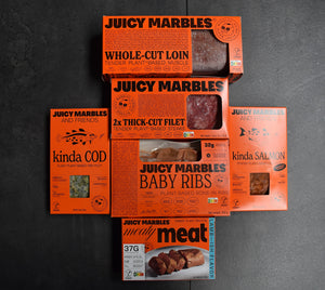Juicy Marbles Signature Plant-Based Vegan (6 Assortment) Whole Cut Filet, Thick Cut Loin, Baby Ribs, Lamb Ish, Kinda Cod & Ki
