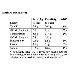 Nutrition information table for plant-based food, showing calories, fat, carbs, and protein content.