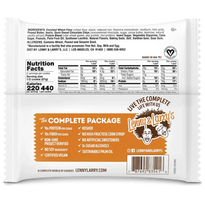 Back of Lenny & Larry’s cookie package showing nutrition facts, ingredients, and vegan, non-GMO claims