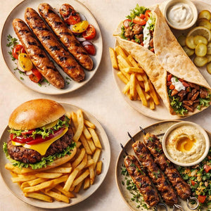Plant-based burger, sausages, kebab skewers, and wraps with fries and dips, iPlantBased UAE
