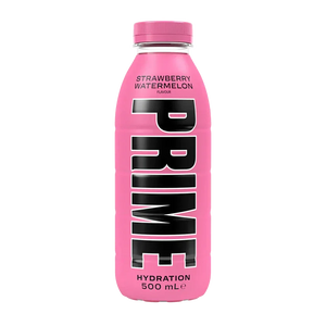Prime Strawberry Watermelon 500ml hydration drink bottle, pink label, on white background.