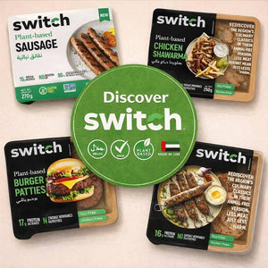 Assorted Switch plant-based frozen foods including sausage, chicken shawarma, and burger patties, with a green Discover Switch label, halal, vegan, gluten-free and Made in UAE icons, for iPlantBased UAE.
