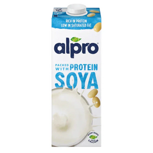 Alpro soya plant-based milk carton, rich in protein, available at iPlantBased UAE