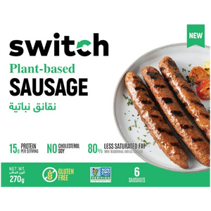 Switch plant-based sausages grilled on a plate, gluten-free, non-GMO, UAE vegan food product.