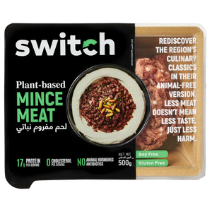 Switch plant-based mince meat package with cooked vegan mince, 500g, soy-free, gluten-free, iPlantBased UAE