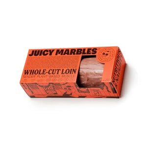 Box of 'Juicy Marbles' whole-cut loin on a white background