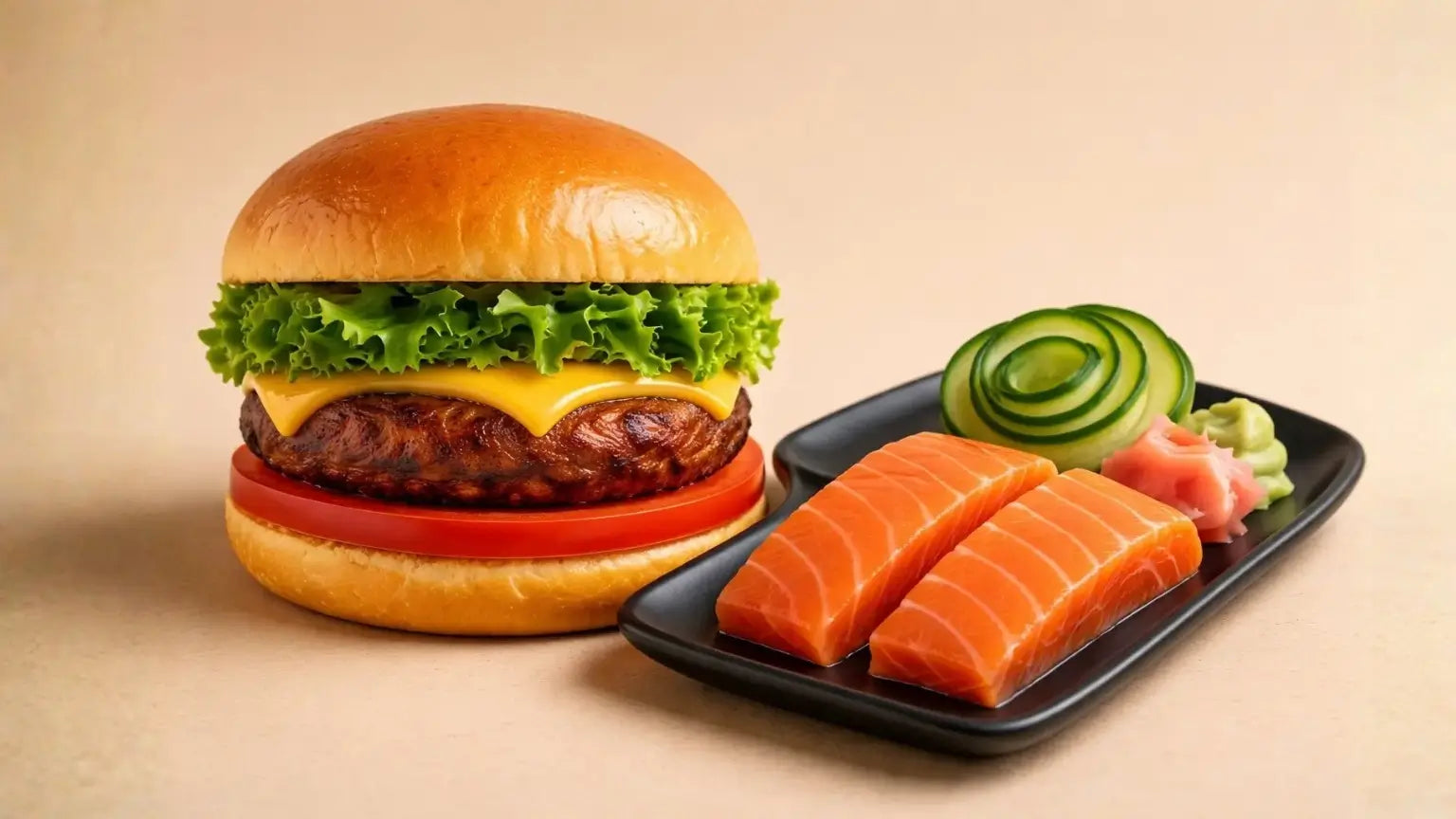 Plant-based burger with lettuce, cheese, tomato and plant-based sashimi on a plate, iPlantBased UAE