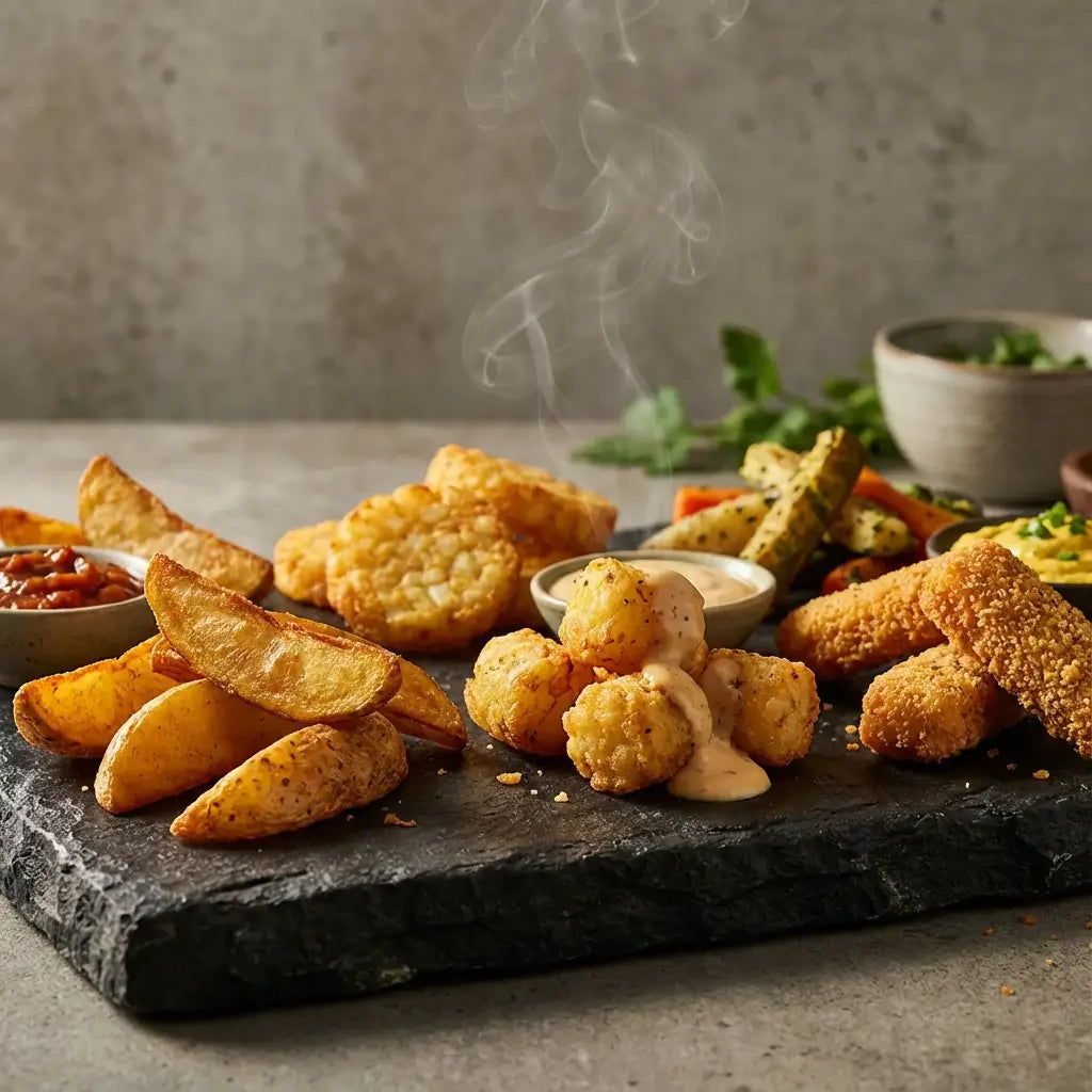 Assorted plant-based snacks including potato wedges, tater tots, and veggie sticks on slate platter