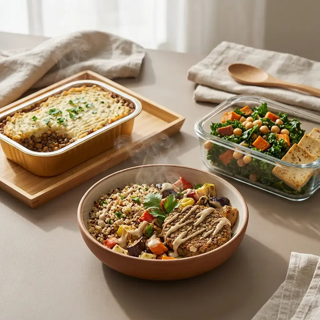 Plant-based food assortment with quinoa bowl, vegan shepherd's pie, and chickpea salad