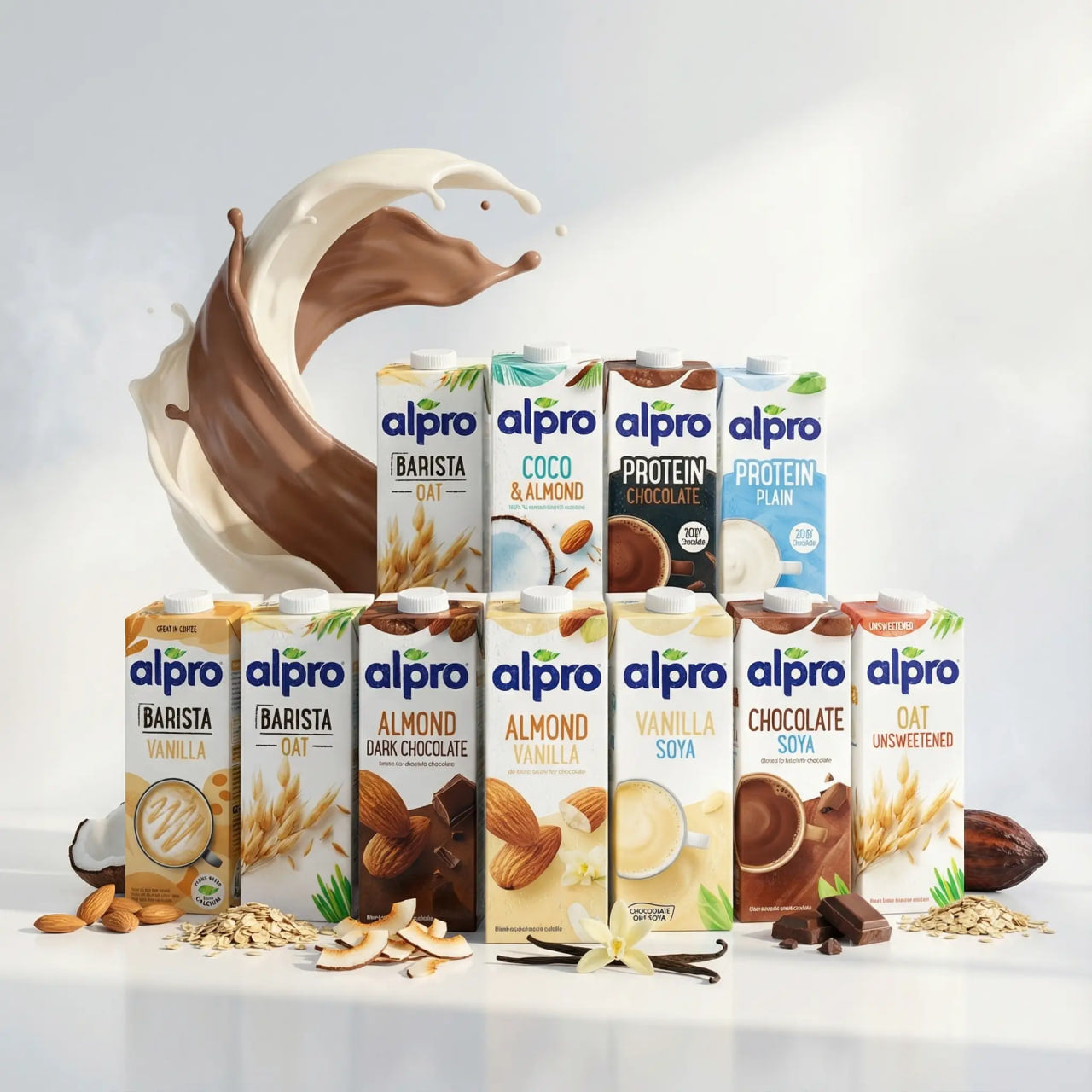 Assorted Alpro plant-based milk cartons including oat, almond, soya, and chocolate flavors
