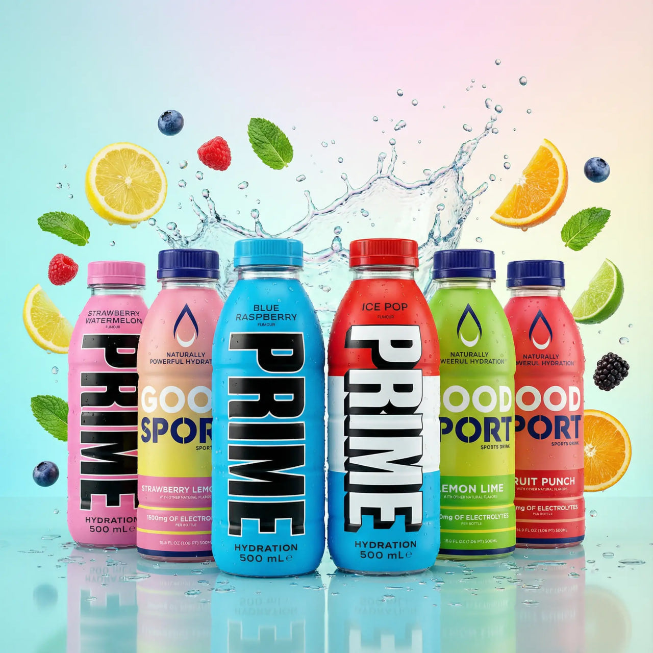 Colorful plant-based hydration and sports drink bottles with assorted fruit in vibrant setting