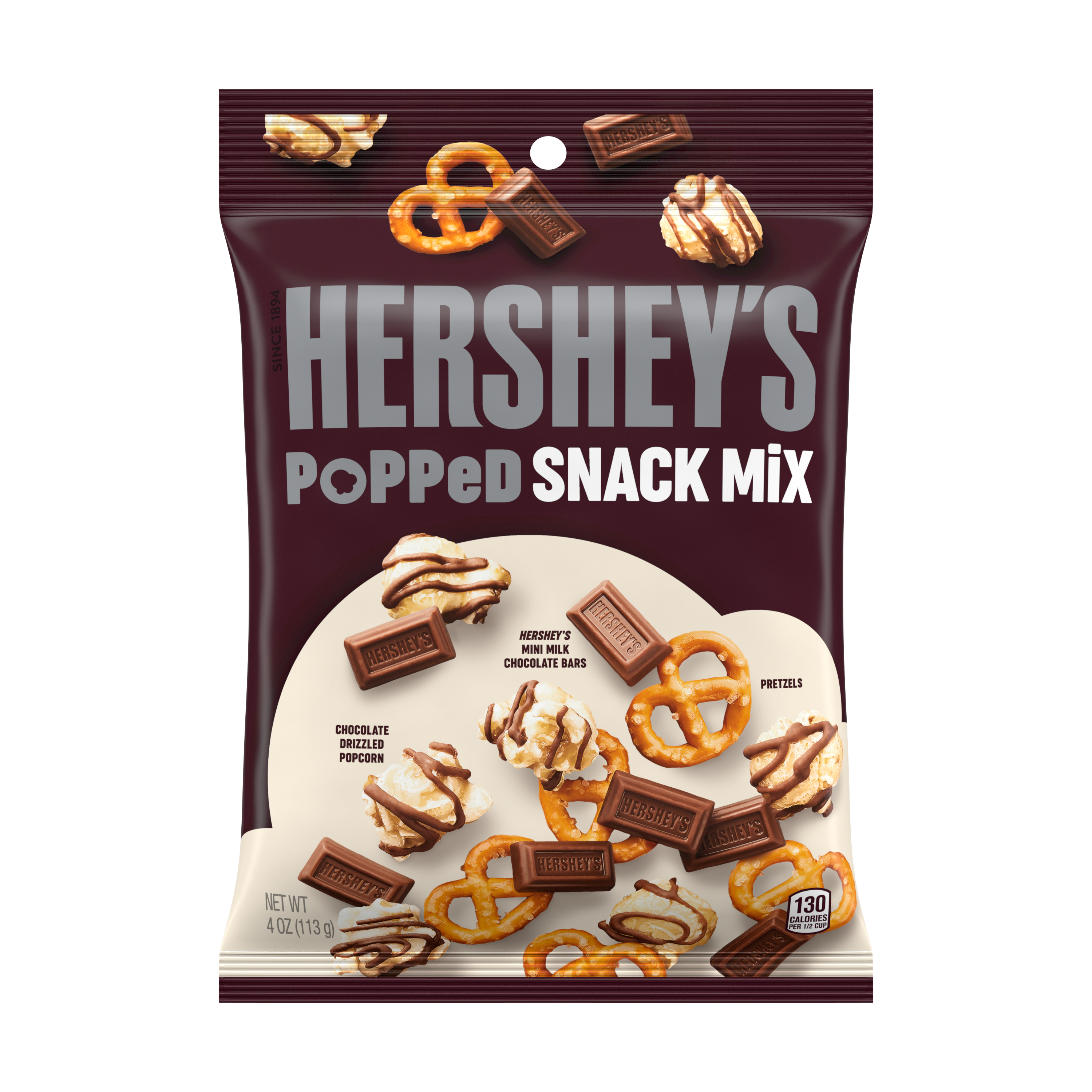 Hershey's Milk Chocolate, Popcorn and Pretzel Popped Snack Mix Bag 113gm