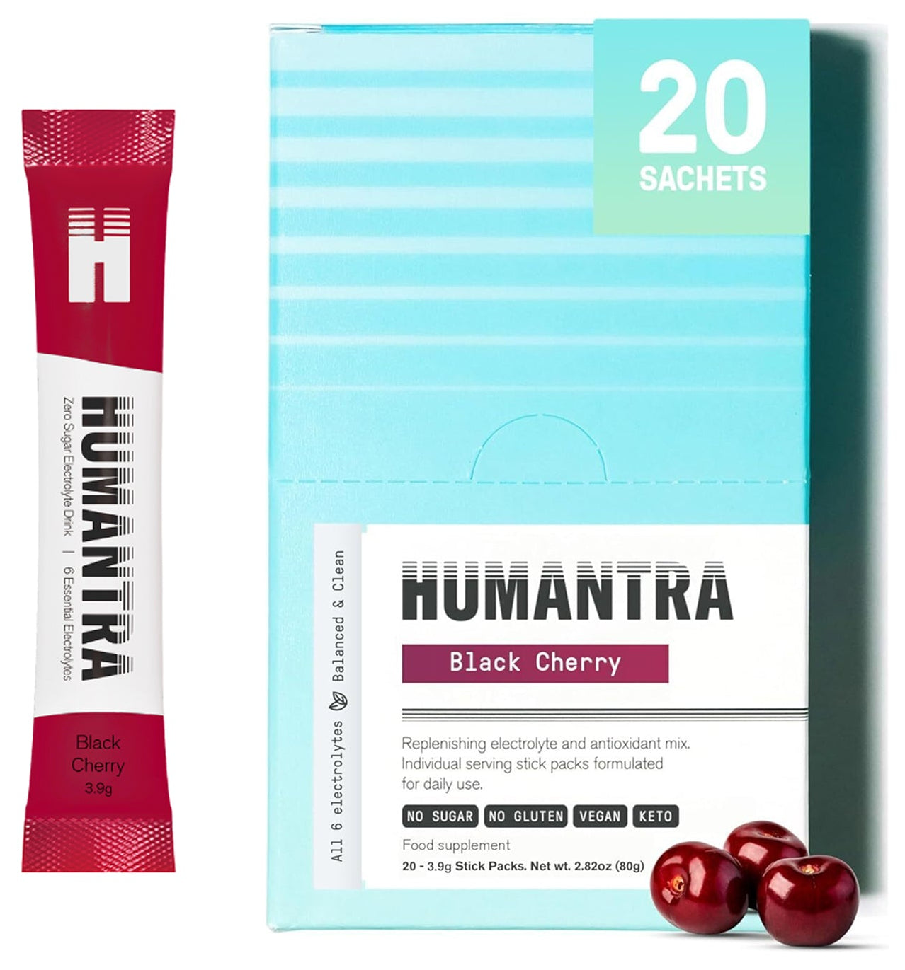 Humantra Black Cherry Electrolyte Hydration Pack – Zero Sugar, 20 Servings, 72g