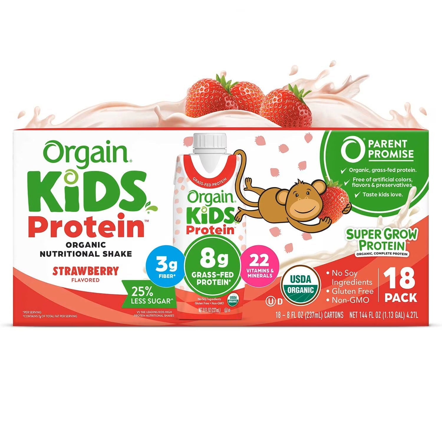 Orgain Kids 8g Protein Organic Nutrition Shake, Strawberry 237ml (18 pk)
