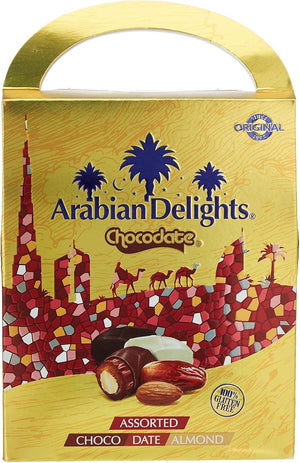 Arabian Delights Assorted Chocodate, Classic Chocolate Coated Bite-Sized Snacks, Stuffed w/ Golden Roasted Almonds, Dates & Sweets Pouch - 725g