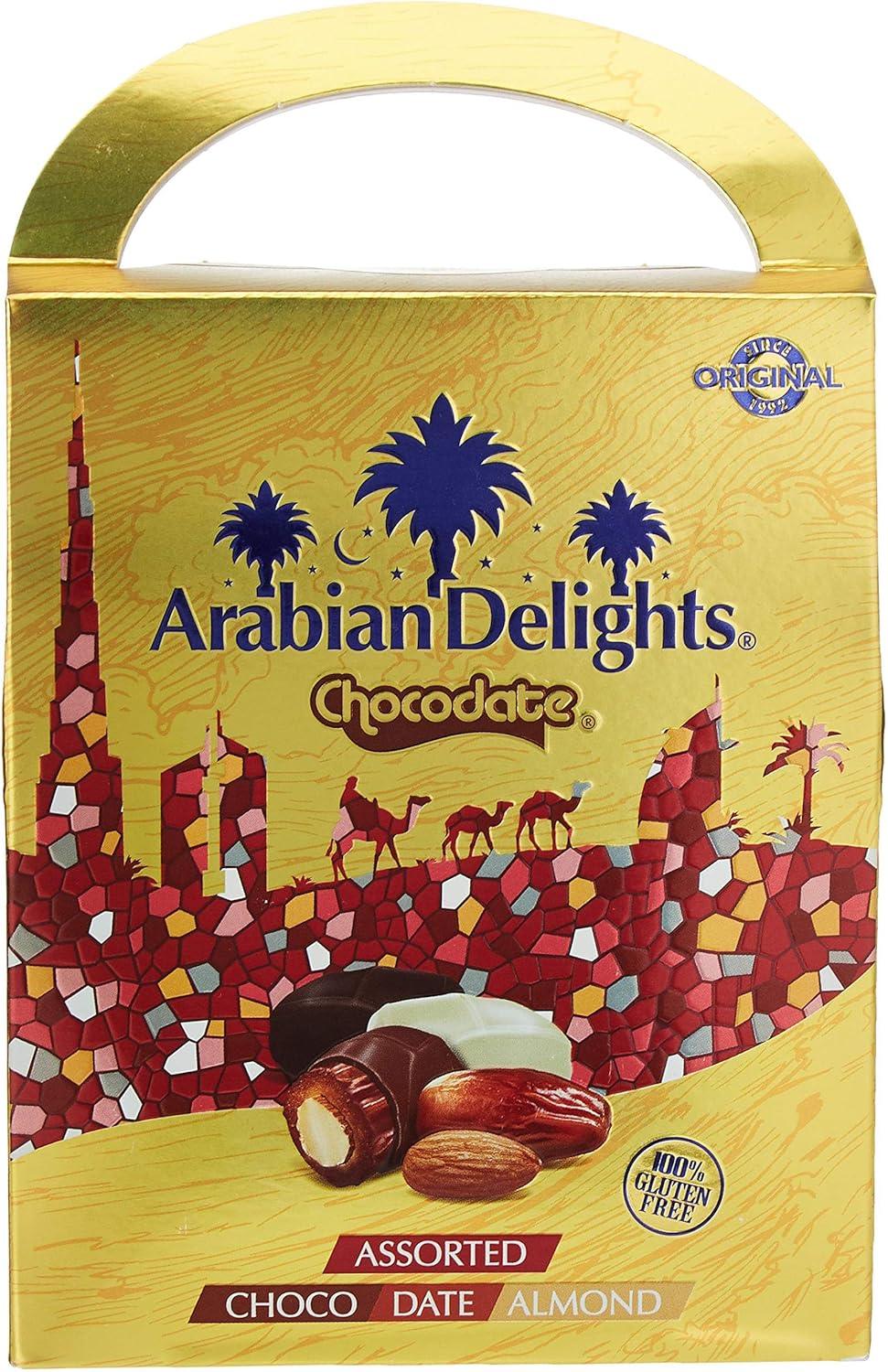Arabian Delights Assorted Chocodate, Classic Chocolate Coated Bite-Sized Snacks, Stuffed w/ Golden Roasted Almonds, Dates & Sweets Pouch - 500g