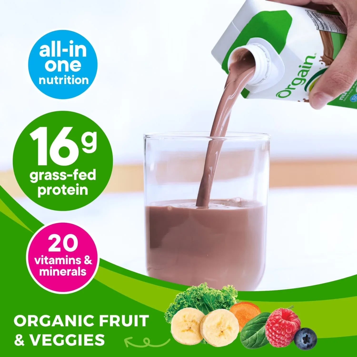 Orgain Organic Nutrition 16g Grass- Fed Protein Shake, Creamy Chocolate Fudge, 330ml (12 pk)