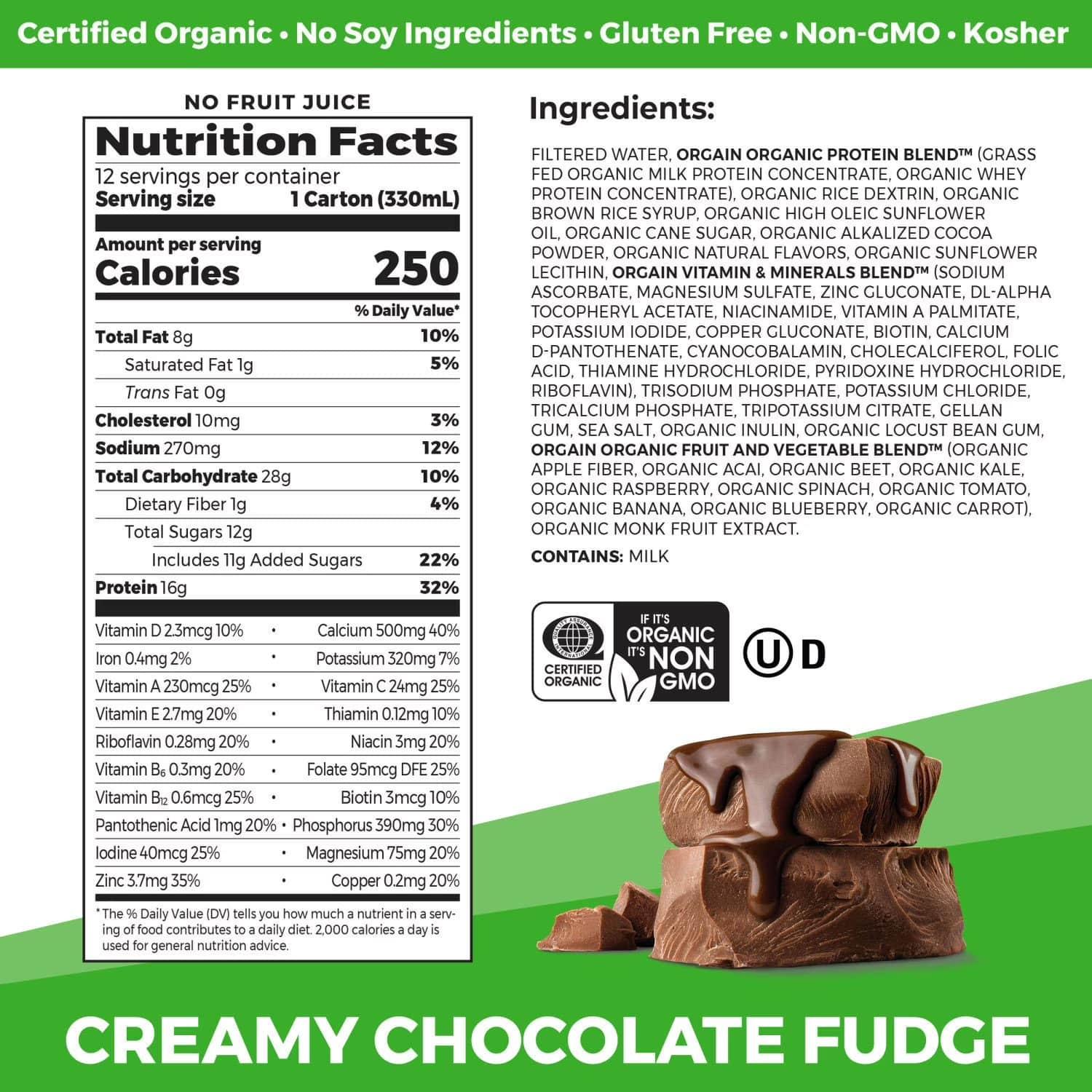 Orgain Organic Nutrition Grass-Fed Protein Shake, Creamy Chocolate Fudge 330ml