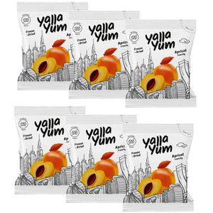 Yalla Yum freeze-dried apricot snacks, plant-based, in UAE skyline packaging, iPlantBased.