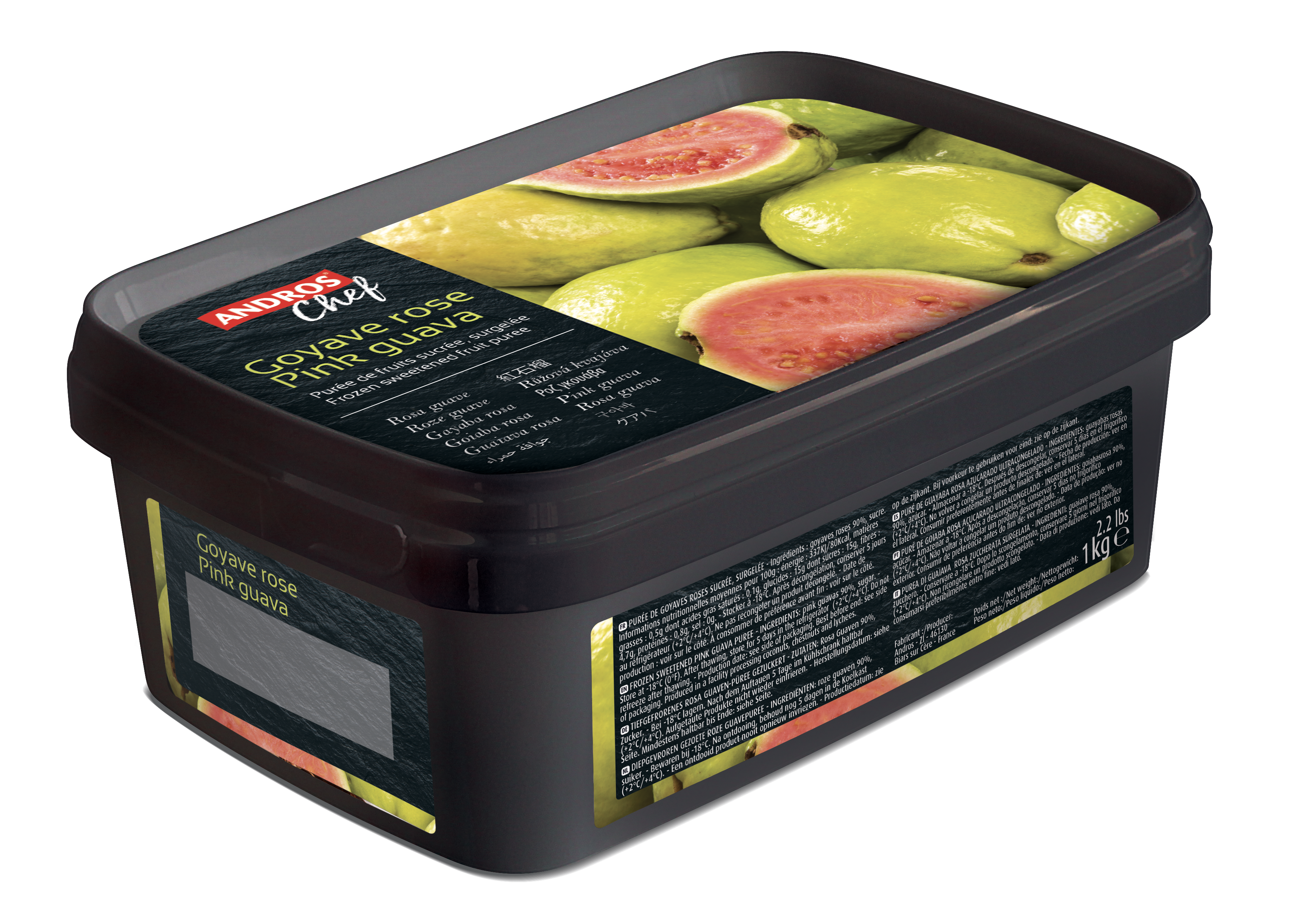 Andros Chef Frozen Pink Guava Puree 1kg Tub.