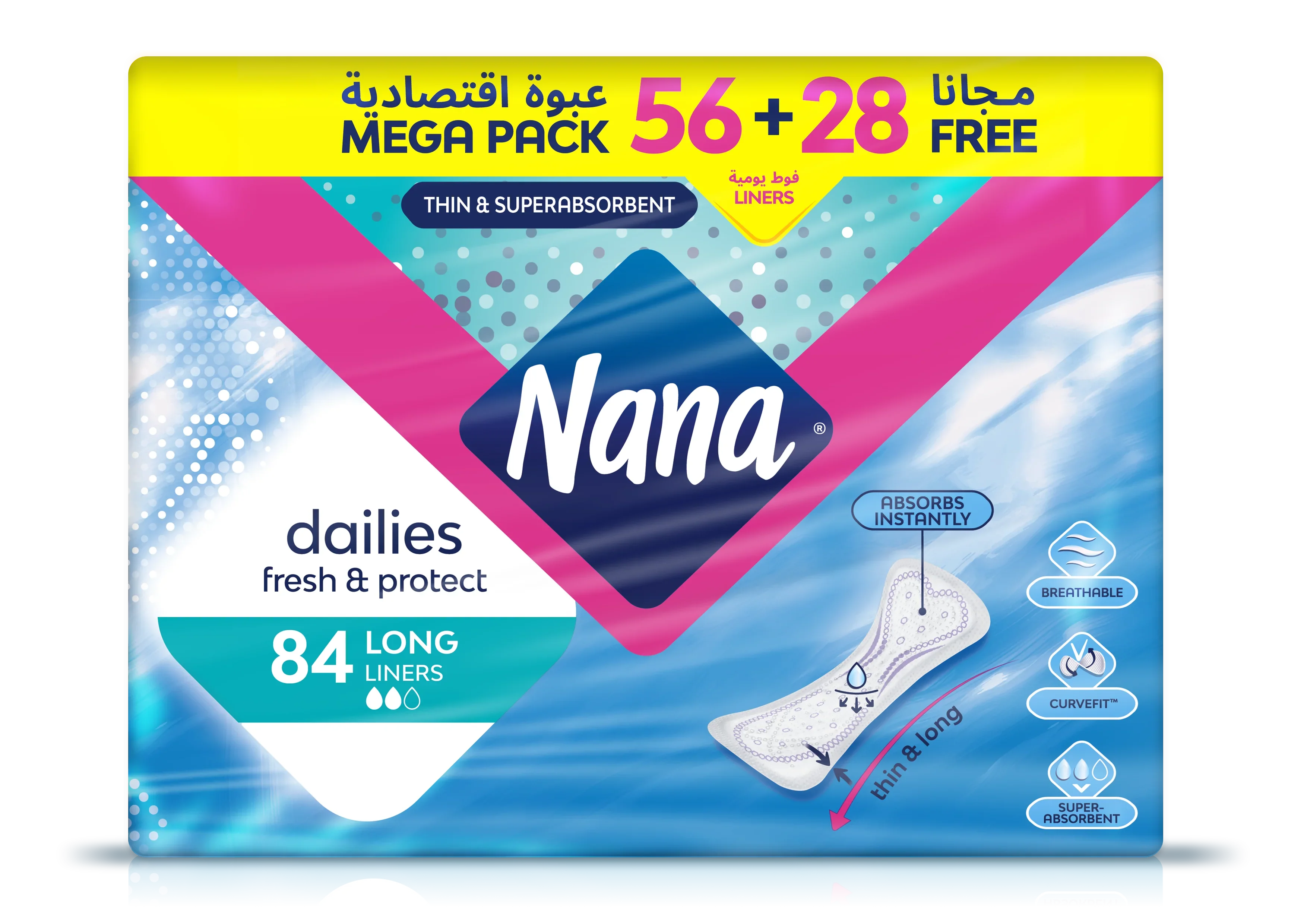 Nana Mega Pack,Thin & Superabsorbent  Long Liners 56 + 28 Free ( 84 Liners)