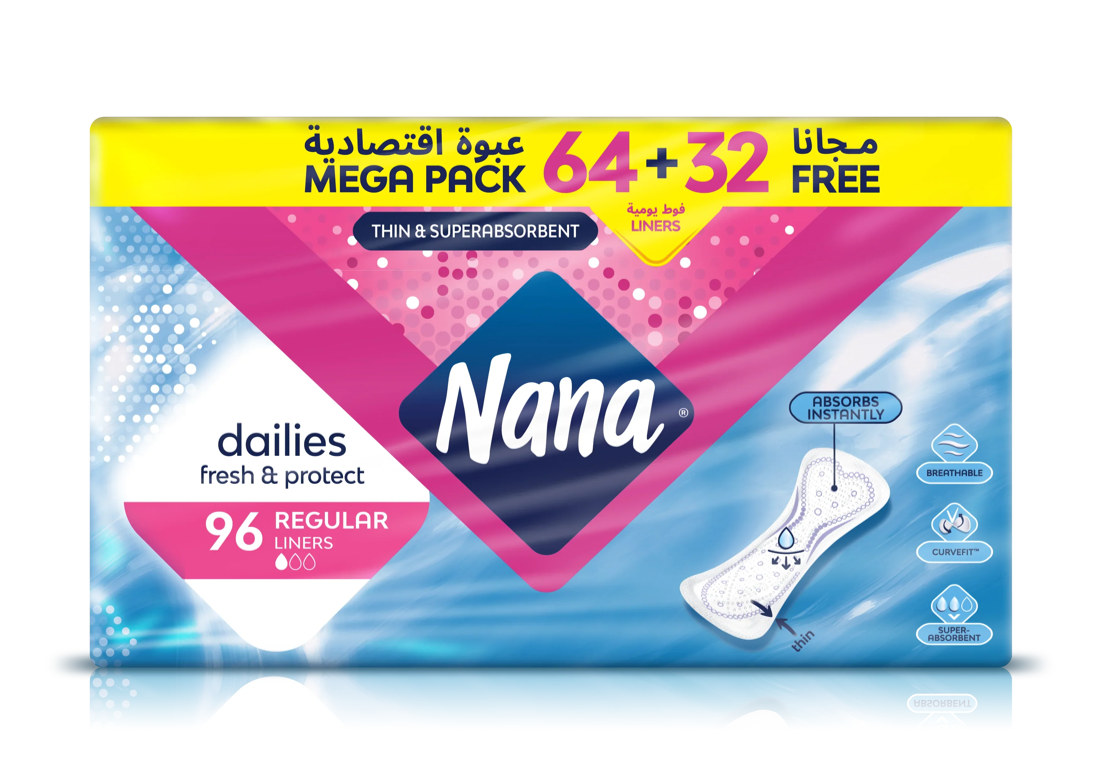Nana Mega Pack,Thin & Superabsorbent Regular Liners 64 + 32 Free ( 96 Liners)