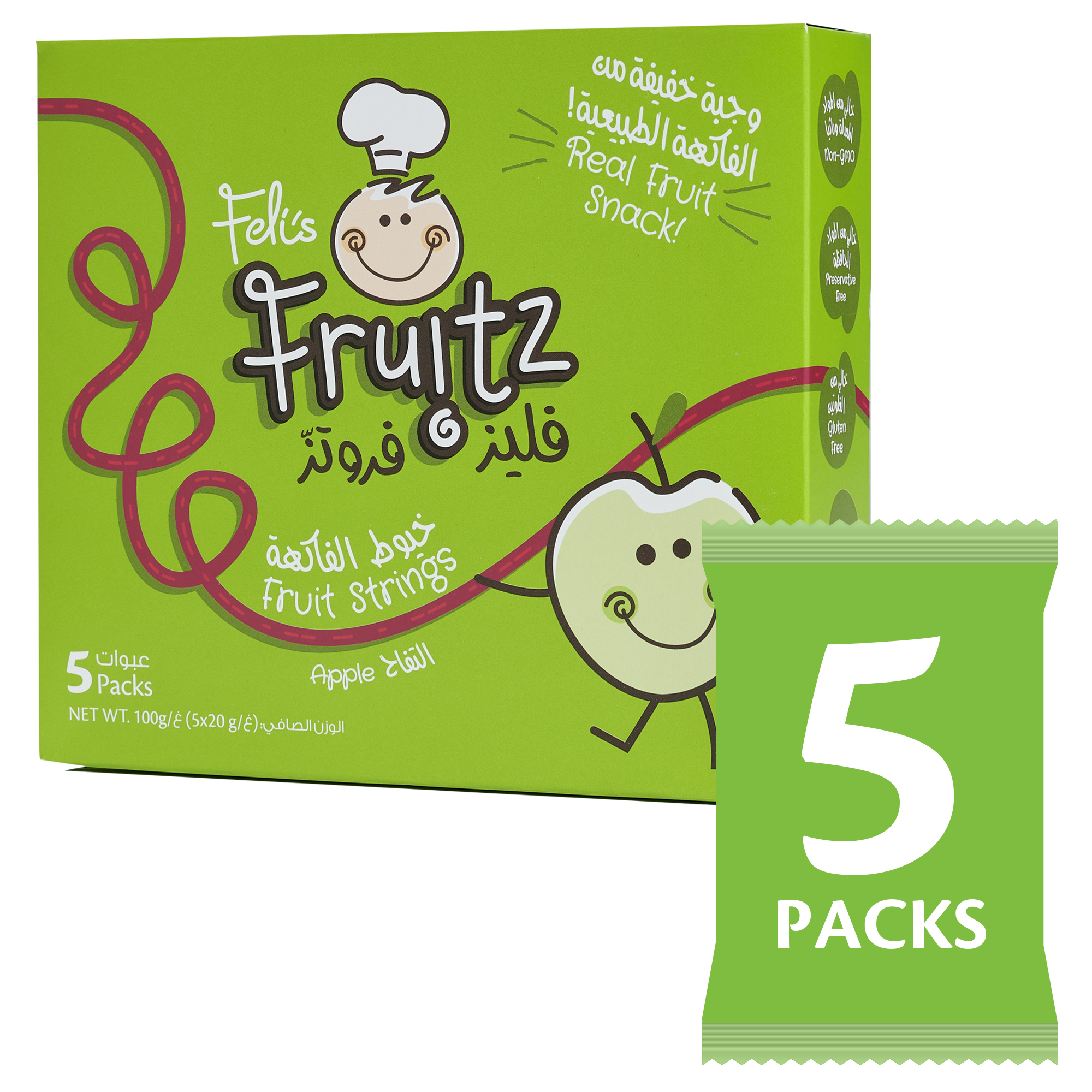 Feli's Fruitz Apple Fruit Strings - Real Fruit Snack - Vegan- Gluten Free 100gm (5x20gm)