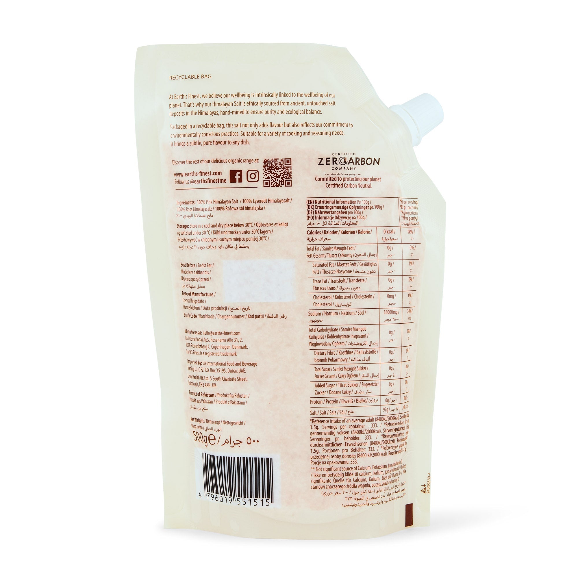 Earth's Finest Pink Himalayan Salt - Fine 500g