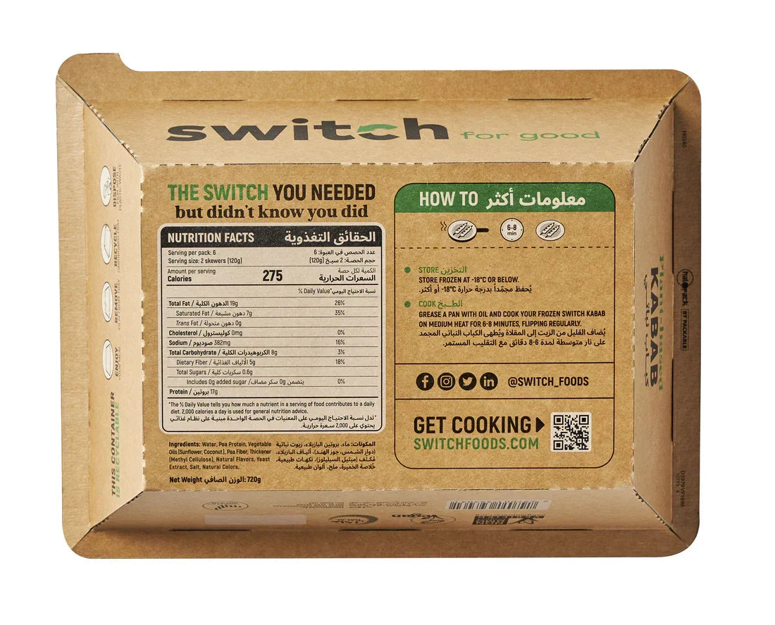 Switch plant-based kebab packaging with nutrition facts and cooking instructions, iPlantBased UAE