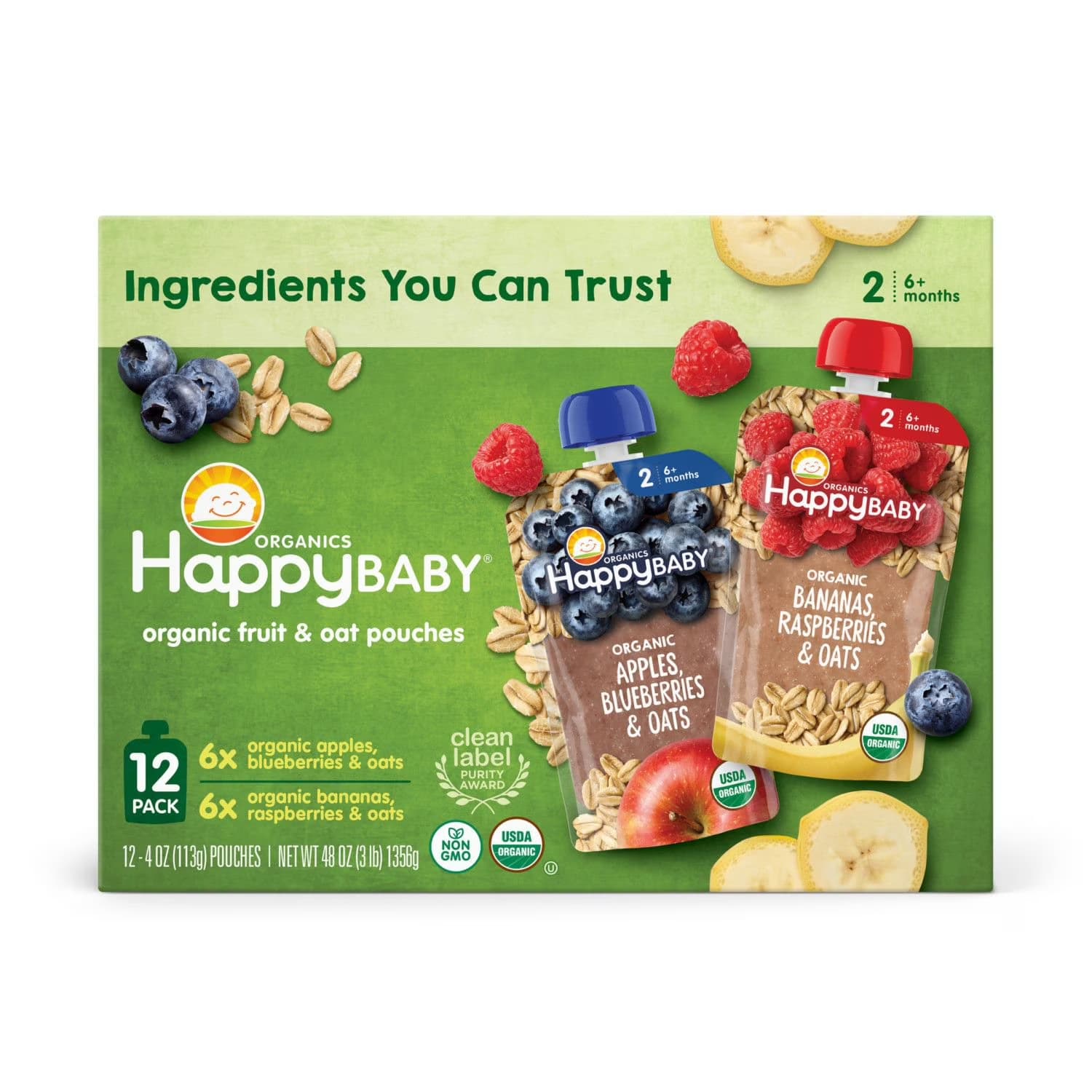 HappyBABY Organics Clearly Crafted Fruit & Oat Pouches Variety Pack, 113g (12pc)