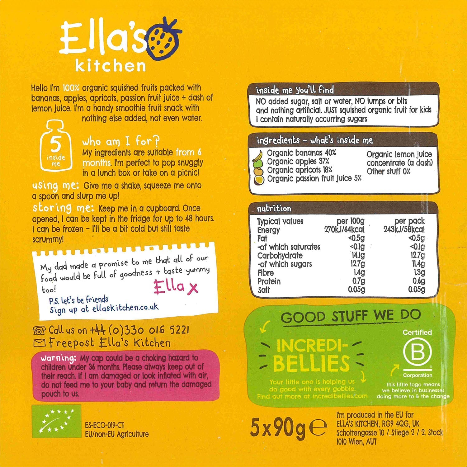 Ella's Kitchen organic the yellow one 90g x 5. Expiry Date: 1-Jun-26