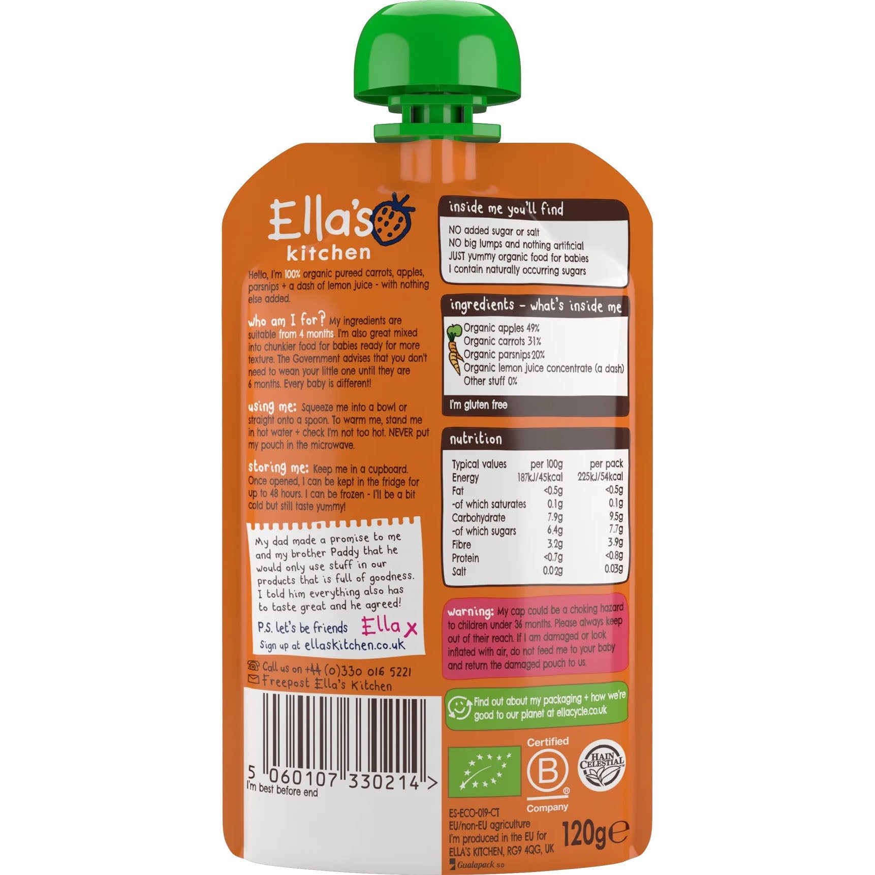Ella's Kitchen organic carrots apples + parsnip 120g. Expiry date, 1-Jun-26