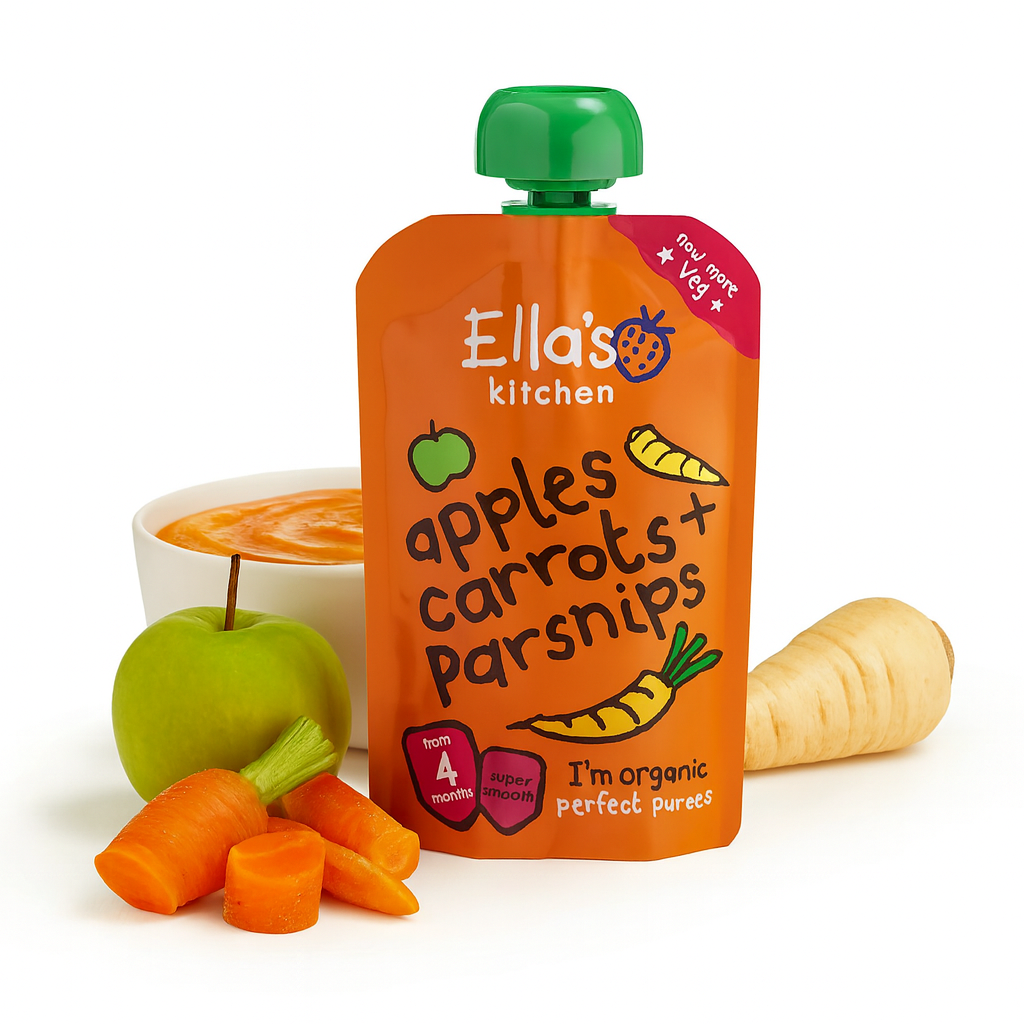Ella's Kitchen organic carrots apples + parsnip 120g. Expiry date, 1-Jun-26