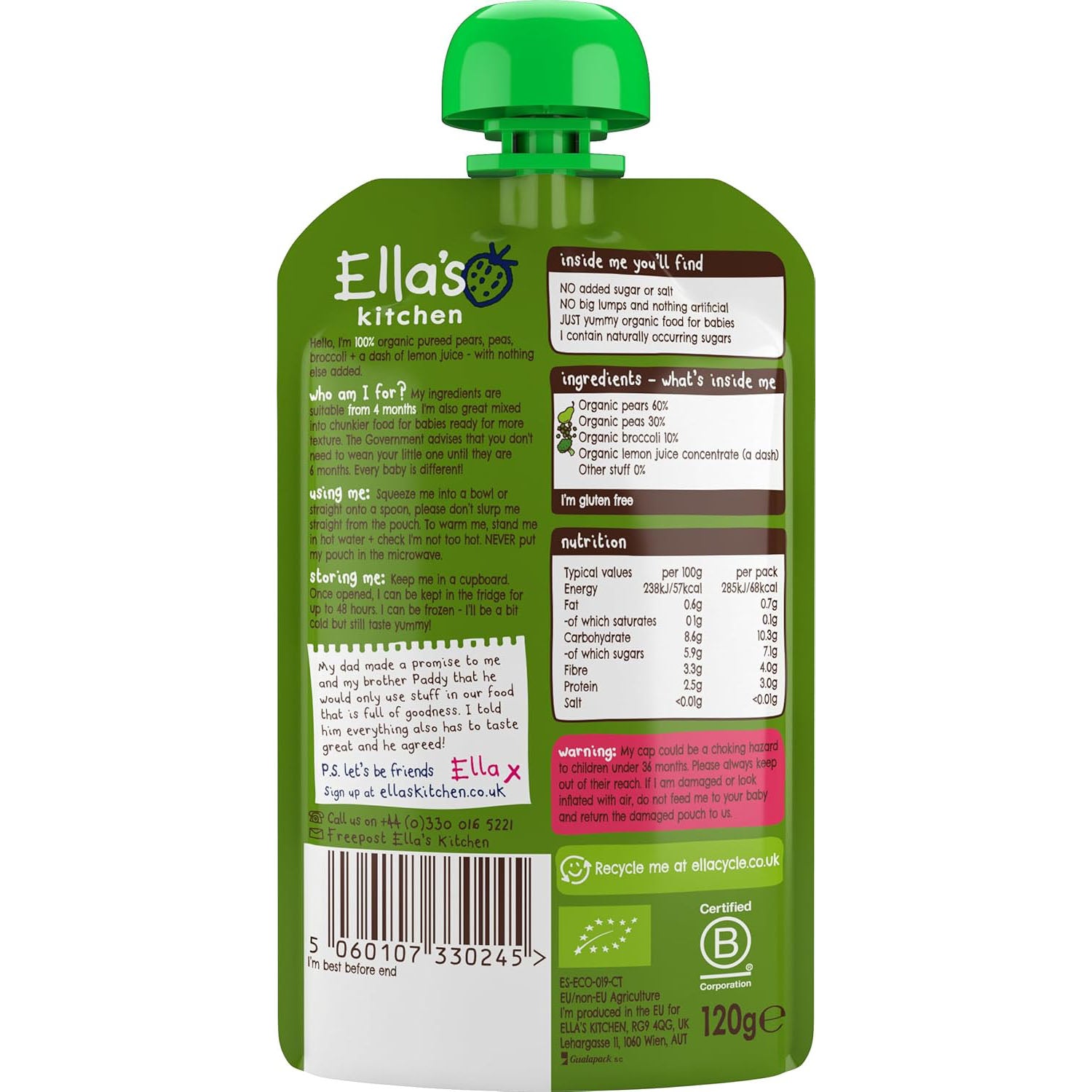 Ella's Kitchen organic broccoli pears + peas 120g. Expiry date: 1-Jun-26