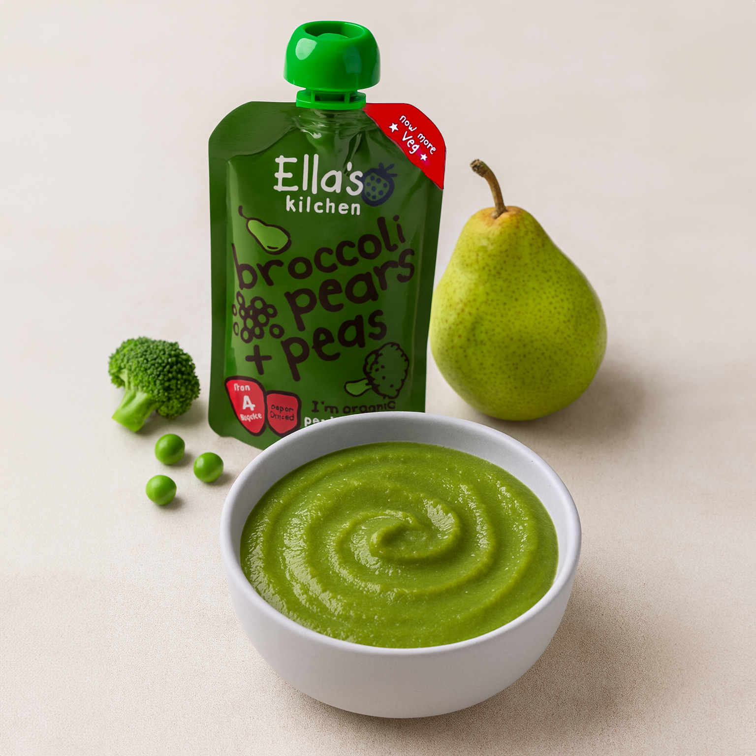 Ella's Kitchen organic broccoli pears + peas 120g. Expiry date: 1-Jun-26