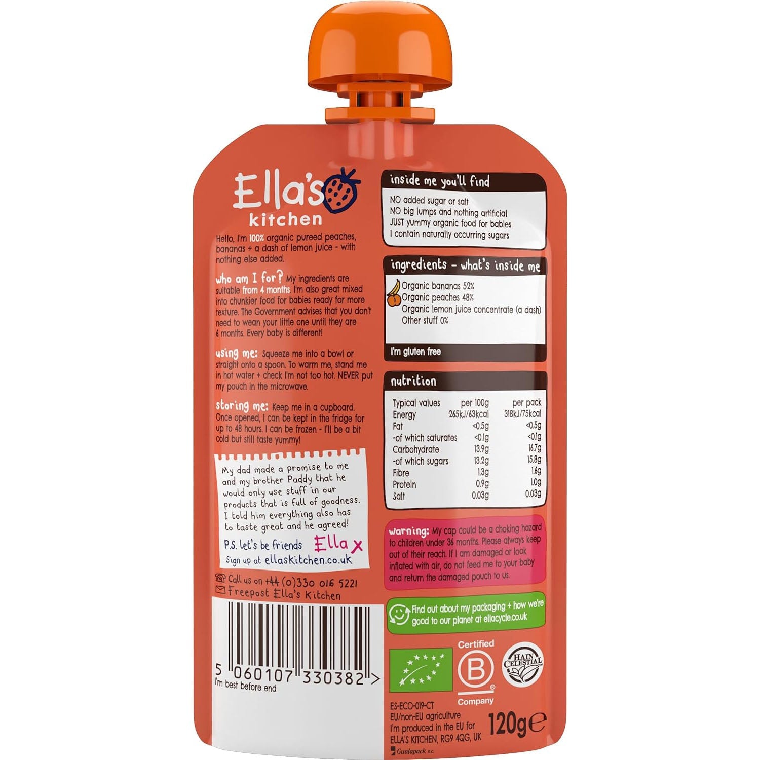Ella's Kitchen organic peaches + bananas 120g. Expiry date: 12-Jun-26