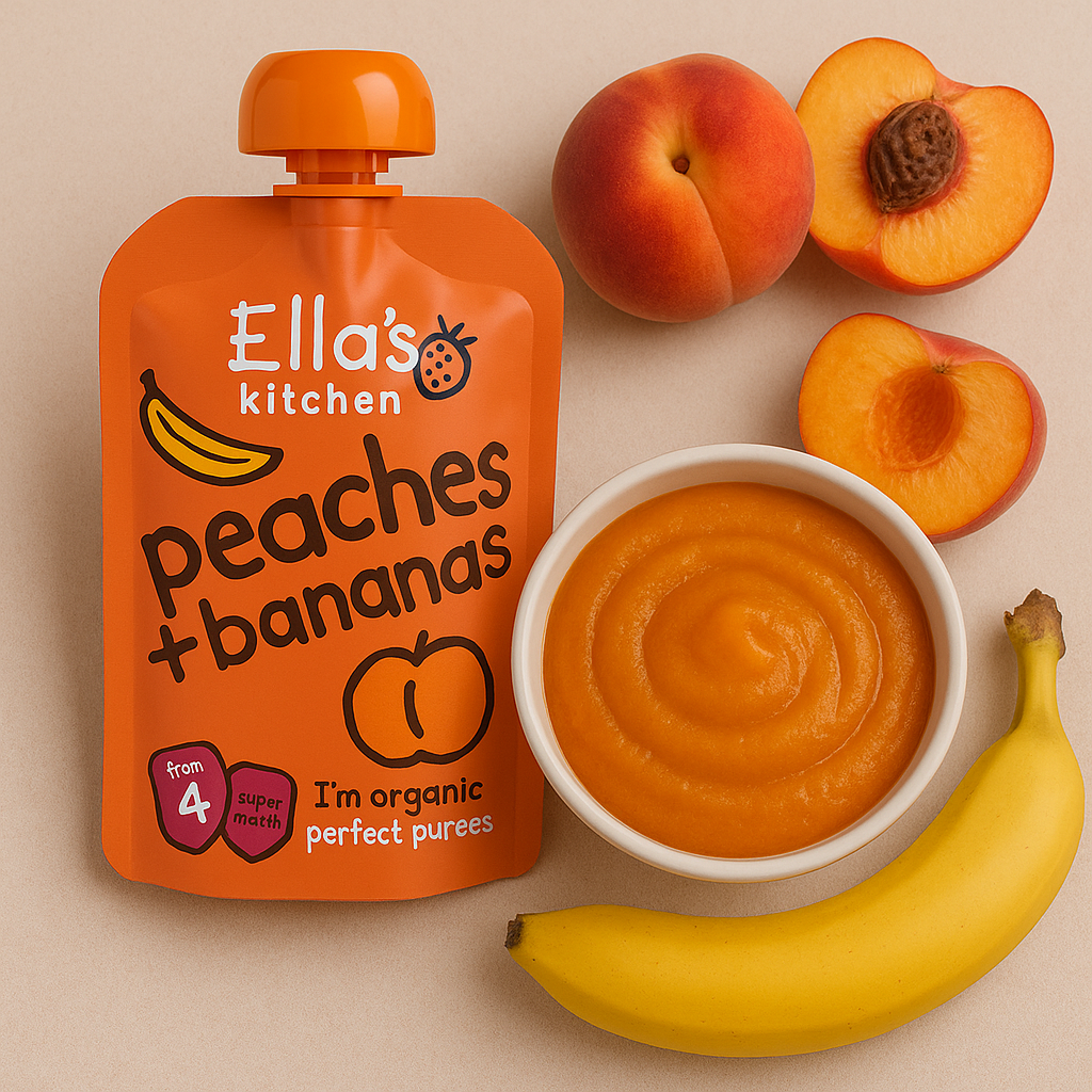 Ella's Kitchen organic peaches + bananas 120g. Expiry date: 12-Jun-26