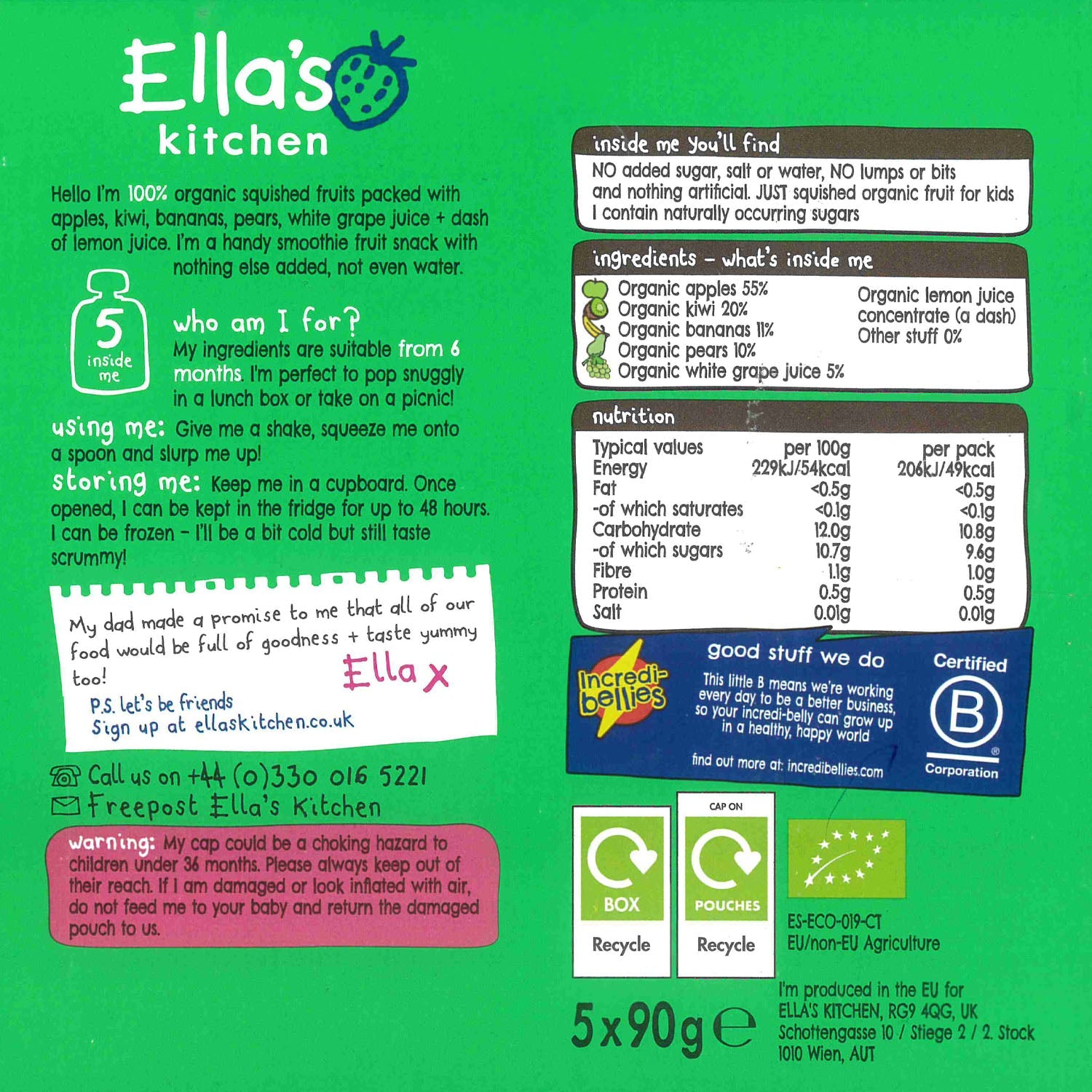 Ella's Kitchen organic the green one 90g x 5. Expiry Date: 1-May-26