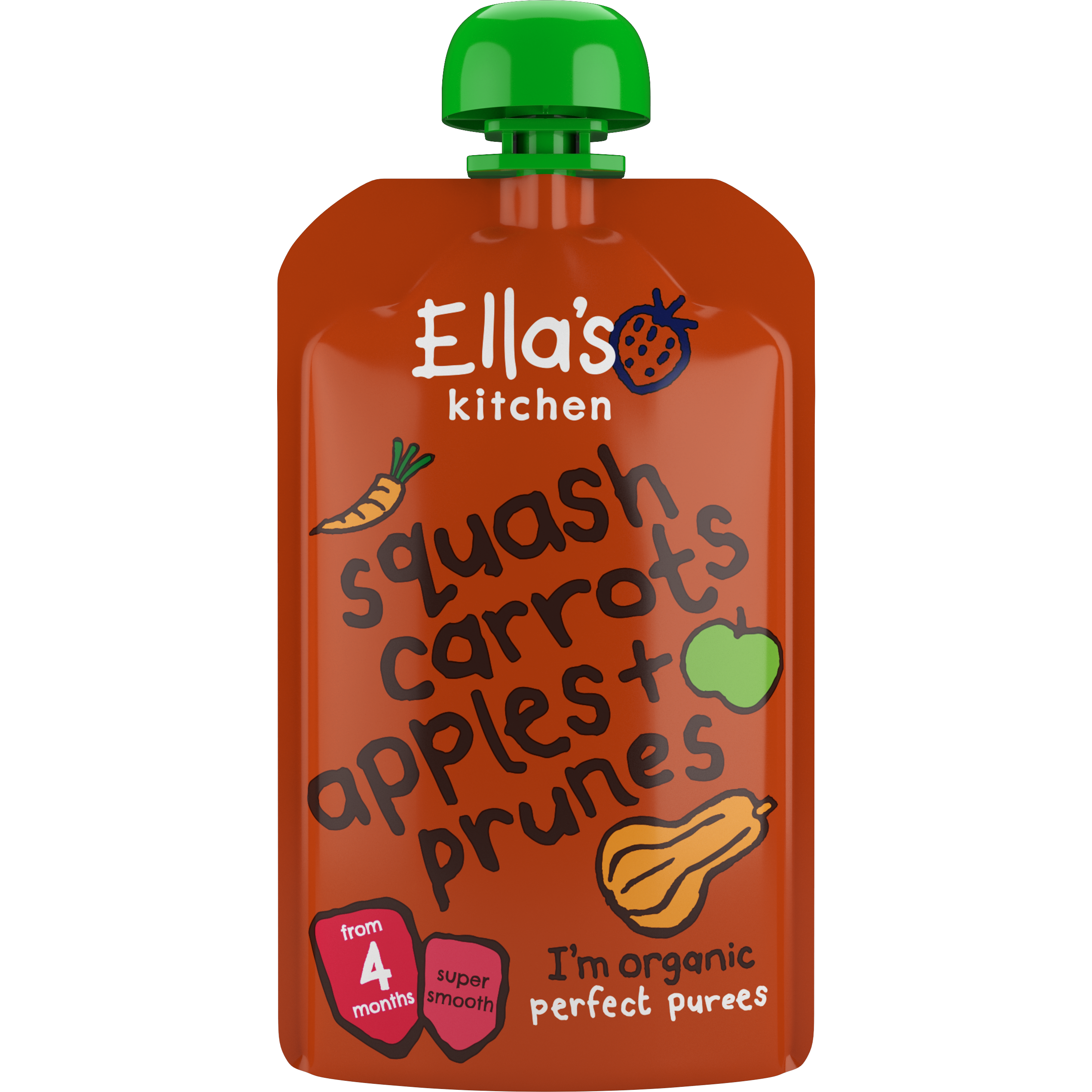 Ella's Kitchen organic butternut squash carrots apples + prunes 120g. Expiry date: 7/1/2026