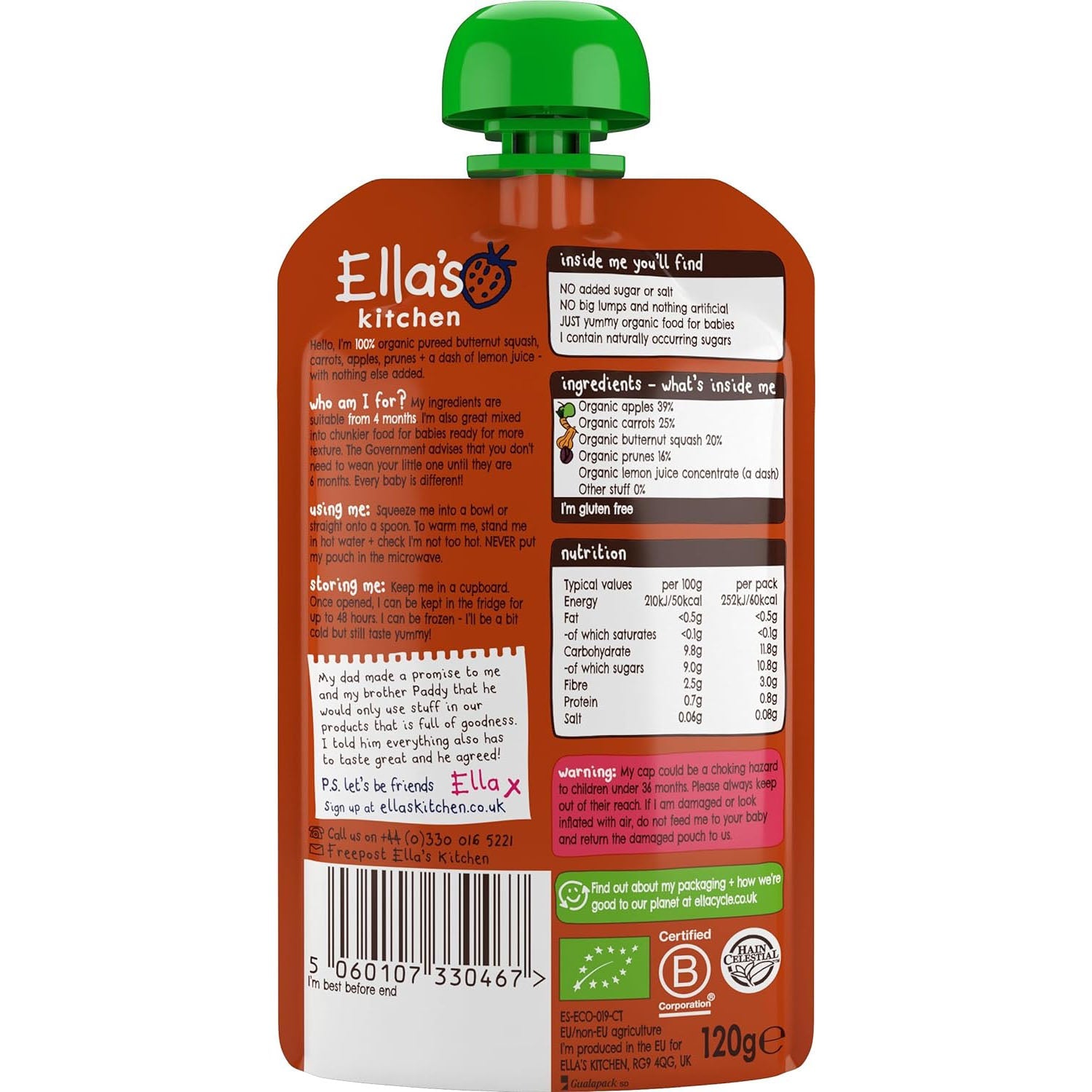 Ella's Kitchen organic butternut squash carrots apples + prunes 120g. Expiry date: 7/1/2026