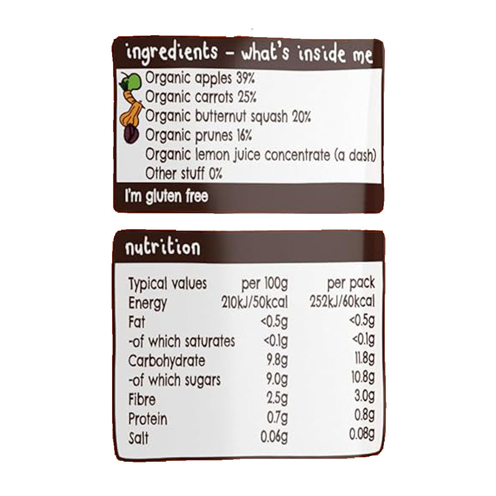 Ella's Kitchen organic butternut squash carrots apples + prunes 120g. Expiry date: 7/1/2026
