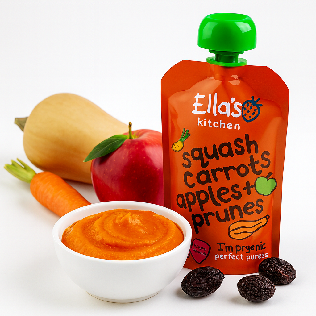 Ella's Kitchen organic butternut squash carrots apples + prunes 120g. Expiry date: 7/1/2026
